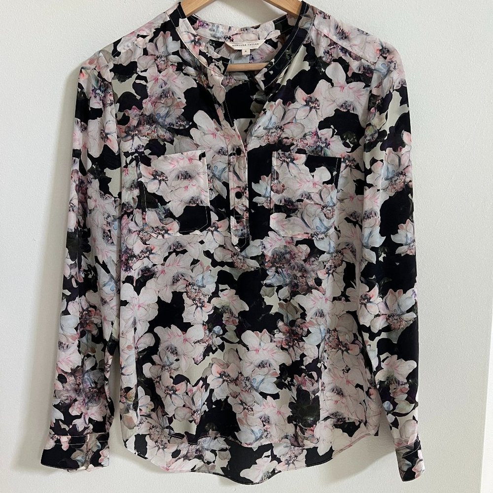 Rebecca Taylor 100% Silk Popover Blouse — Ivory Black Floral, Pockets, Sz 4